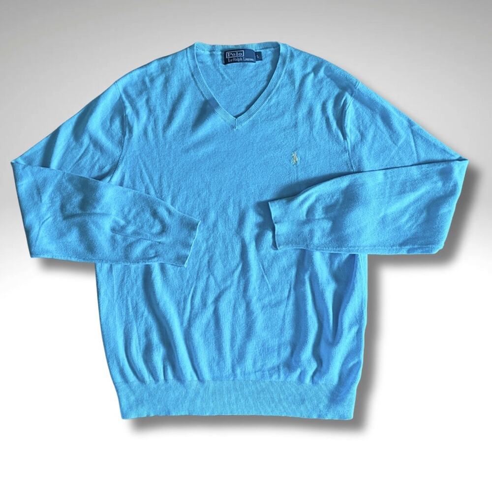 Ralph Lauren Polo Light Blue V-Neck Pima Cotton Knit Sweater Size Large
